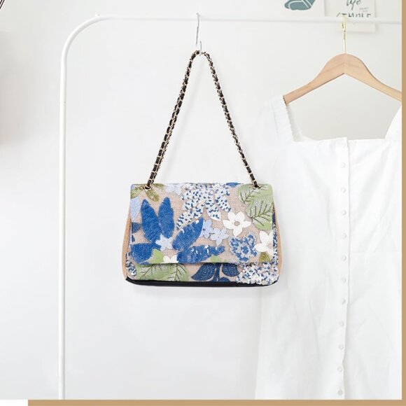 Handmade Bohemian straw tote bag with sequin embroidery blue floral perfect for - Picture 2 of 4